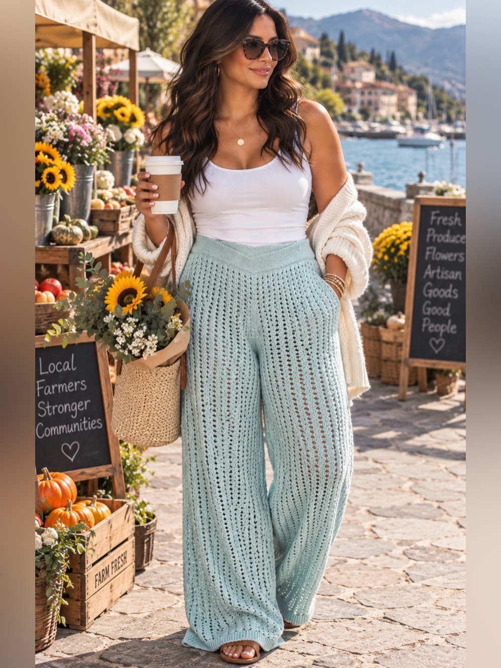 525 America NWT Blue Crochet Knit Wide Leg Pants 100% Cotton Boho Beach